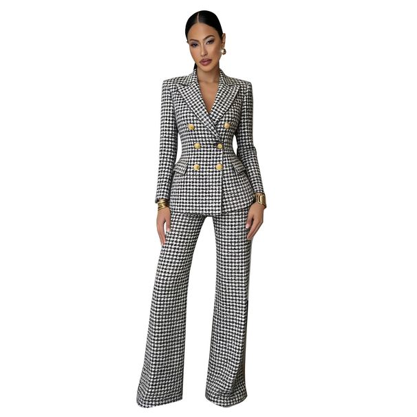 Women's Clothing Chic Checkered Pantsuit For Women – Office-Ready Blazer & Trousers Set With Slim Fit & Stretch Polyester (Pink-Blue Mix, S-XXL)_ecoleips.com