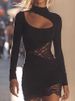 Elegant Hollow Hot Girl Mini Party Dress Long Sleeve Lace Embroidered Short Dress Fashion Half Hight Collar Solid Skinny Dress_ecoleips.com