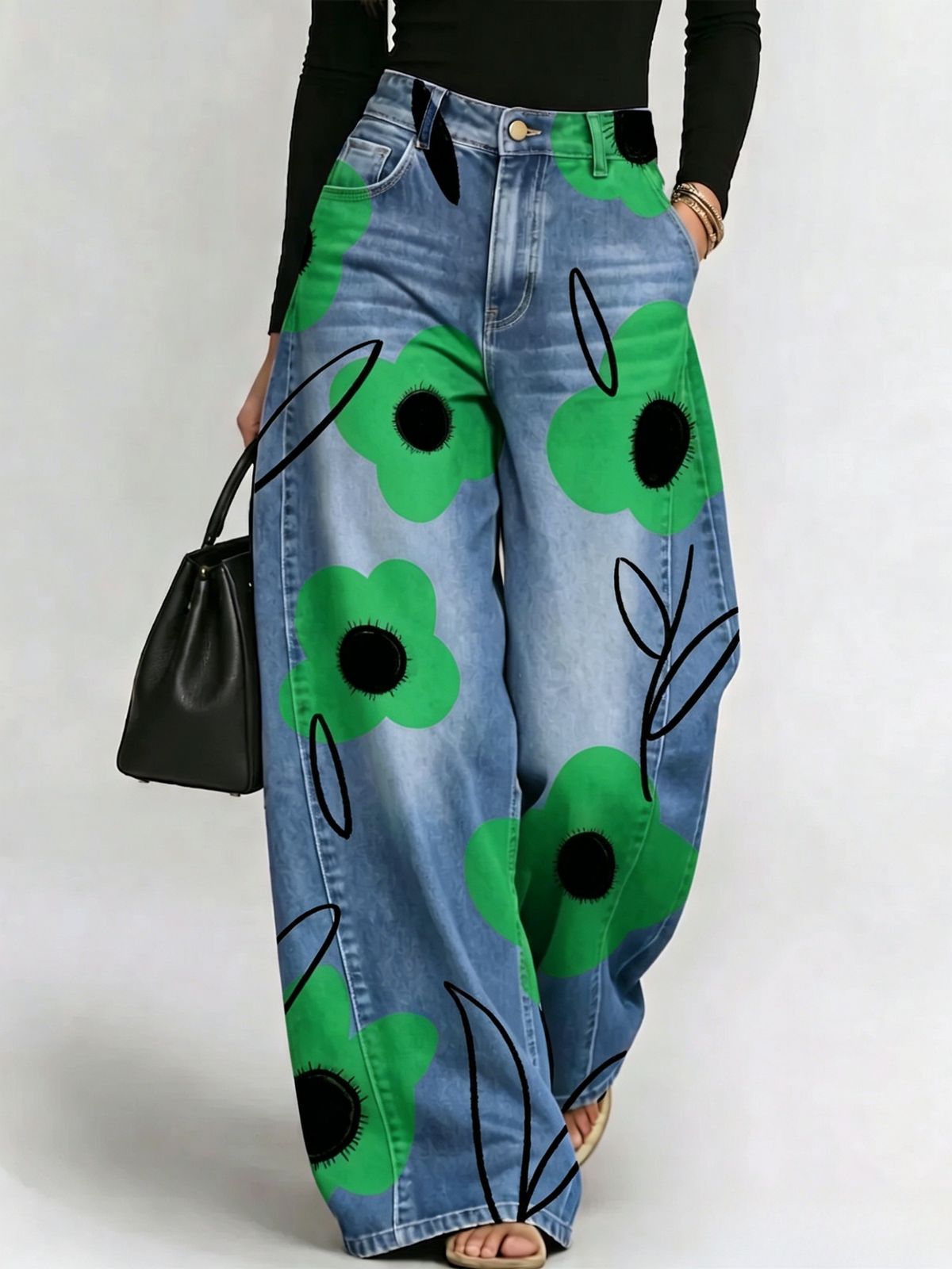 Women's Loose Fit Printed Denim Jeans Comfortable Wide Leg Trousers For Casual Wear_ecoleips.com