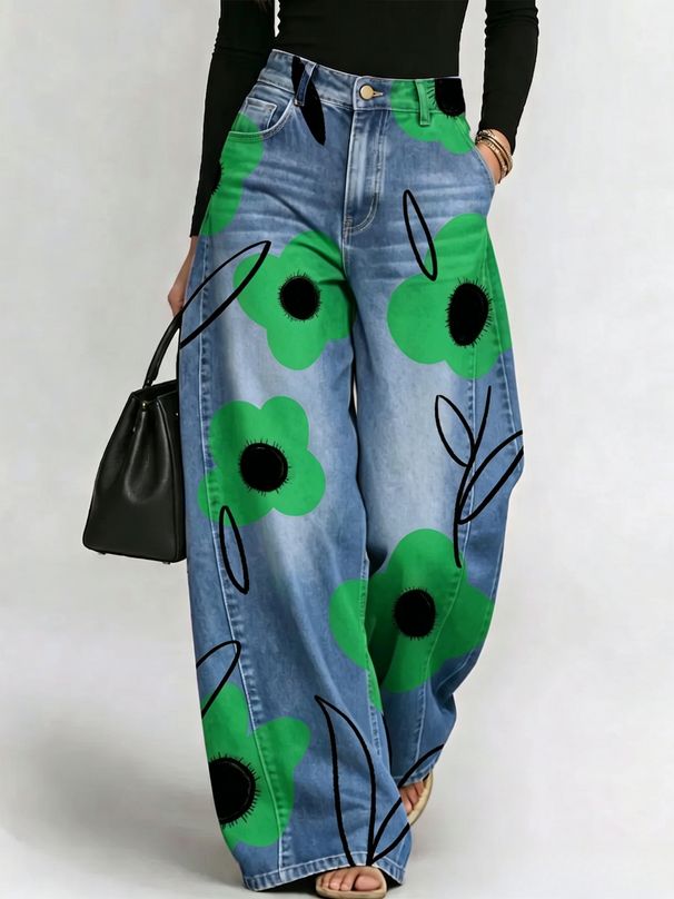 Women's Loose Fit Printed Denim Jeans Comfortable Wide Leg Trousers For Casual Wear_ecoleips.com