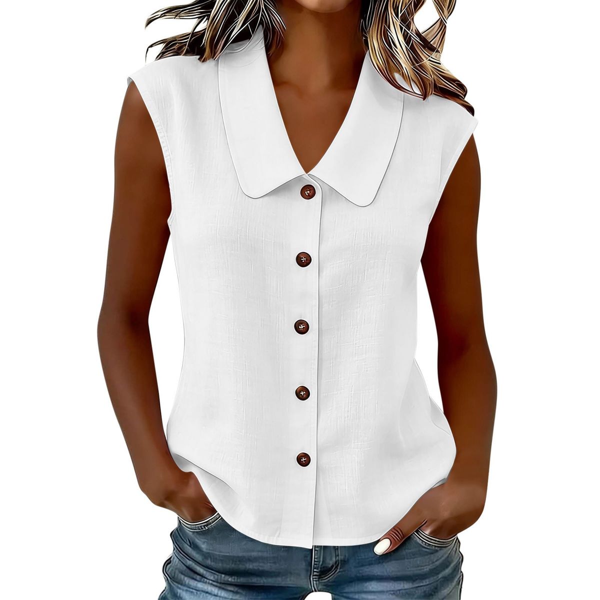 Women's Solid Color Collared Sleeveless Top Loose Casual Versatile Multi Color Shirt American Style_ecoleips.com