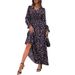 Autumn Women's V-Neck Waist-Cinching Long Printed Dress_ecoleips.com