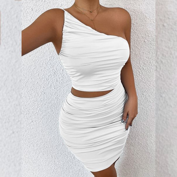 New Cross-border Foreign Trade Women's Clothing, European And American Fashion One-shoulder Ruched Dress, Solid Color_ecoleips.com