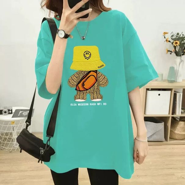 Premium Grey Mid-Length Oversized T-Shirt for Women Short Sleeve Loose Fit Bear Shaped round Neck Covers Hips New Style_ecoleips.com