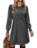 Women's Round Neck Puff Sleeve Mid Length Dress Brushed Ribbed Solid Color Autumn Winter Fashion_ecoleips.com