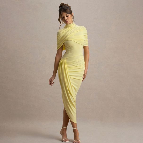 Women's Long Dress Elegant Slim Fit Pleated Design Fashionable Sexy Revealing Hips New Style Cross Border E Commerce_ecoleips.com