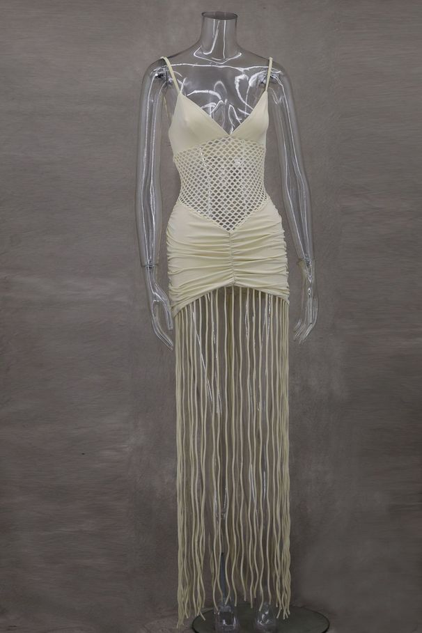 K Fashion Suspender Mesh Waist Revealing Sexy Pleated Bag Hip Fringe Dress_ecoleips.com