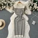 Summer Striped Beach Knitted Dress O Neck Short Sleeves Chic Hotsweet Slim Sundress Streetwear Y2K Bodycon Midi Dress_ecoleips.com
