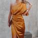 Women's Clothing elegant and high end party slit evening dress solid color irregular mid waist oblique shoulder dress_ecoleips.com