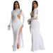 Women's Clothing Fashion Solid Color Hot Diamond Long Sleeve Slit Dress Female_ecoleips.com