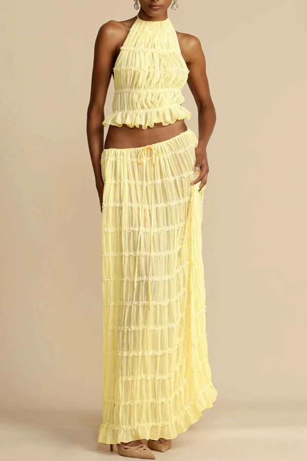Women's Sexy Halter Neck Set Sleeveless Backless Multi Color Full Skirt Ensemble_ecoleips.com