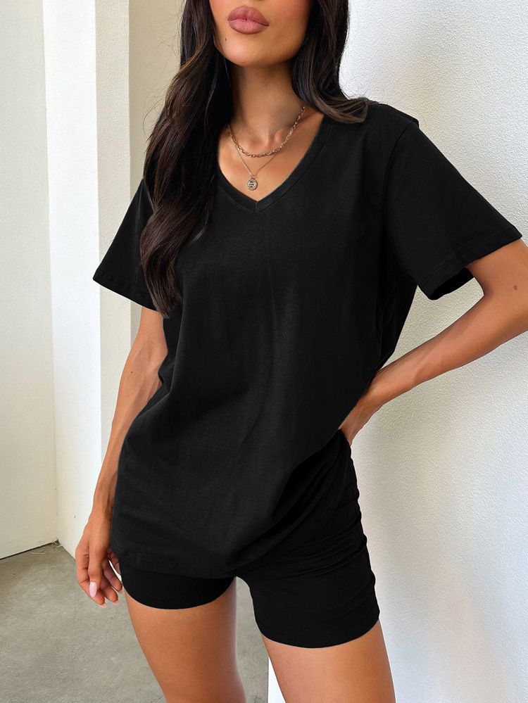 Women's V-Neck Short Sleeve & Shorts Lounge Set - Solid Color Casual Outfit Summer Comfort_ecoleips.com