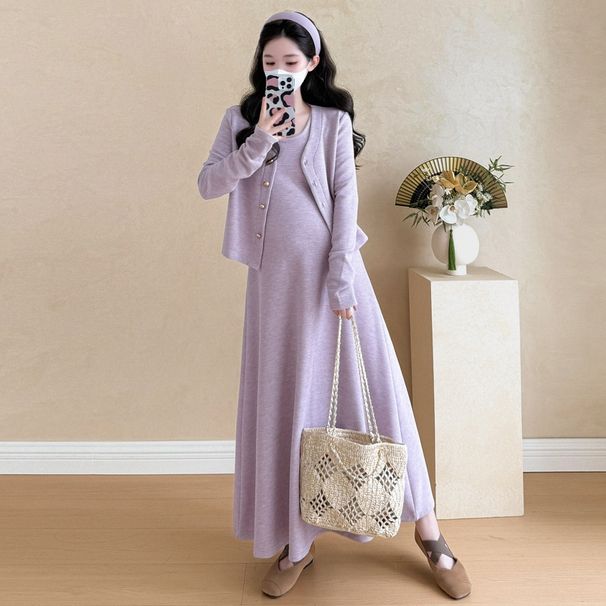 Autumn New Korean Fashion Two-Piece Waffle Maternity Dress_ecoleips.com