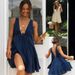 Women's Clothing V Neck Front And Back Drawstring Long Skirt Irregular Dress_ecoleips.com