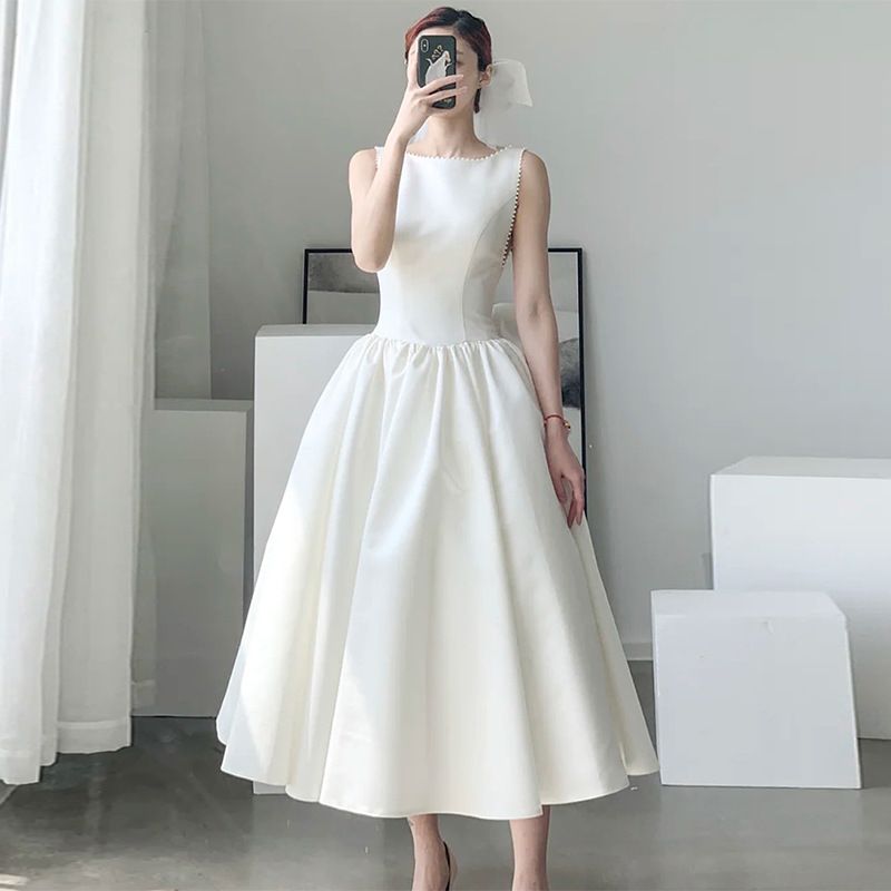 Satin Light Wedding Dress 2025 New Socialite Banquet Party Graduation Travel Photography Simple Petite Dress_ecoleips.com
