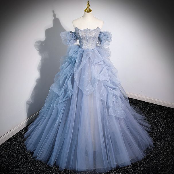 Off-Shoulder Evening Sexy Fairy Piano Performance Coming-of-Age Wedding Lyrical Solo Blue Gauze Dress Art Exam_ecoleips.com
