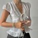 Women's French Style Girly Ruffle Blouse Lace Trimmed Puff Sleeve V Neck Tie Front Slim Fit Cross Border Top_ecoleips.com
