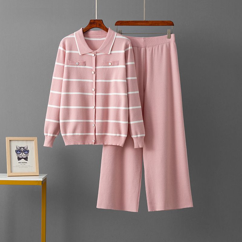Women's Elegant Striped Polo Collar Knitted Two Piece Set Single Breasted Sweater And Loose Wide Leg Pants Suit_ecoleips.com