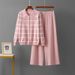 Women's Elegant Striped Polo Collar Knitted Two Piece Set Single Breasted Sweater And Loose Wide Leg Pants Suit_ecoleips.com