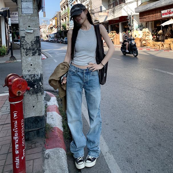 Light Blue Women's Straight Leg Jeans Low Waisted Slimming Long Legged Autumn Style Retro Sexy Denim_ecoleips.com