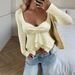 Voya French-style Square-neck Bow-tie Long-sleeve Ruffle Hem Spring-summer Slim-fit Waist-cinching Top For Women_ecoleips.com