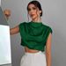 Women's Spring Summer Pleated Blouse Satin Silk Short Shirt_ecoleips.com