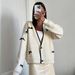 Women's Clothing Knit Cardigan V Neck Elegant White Bow-Knot Knit Cardigan For Women - V-Neck Long Sleeve Casual Blouse With Contrast Trim_ecoleips.com