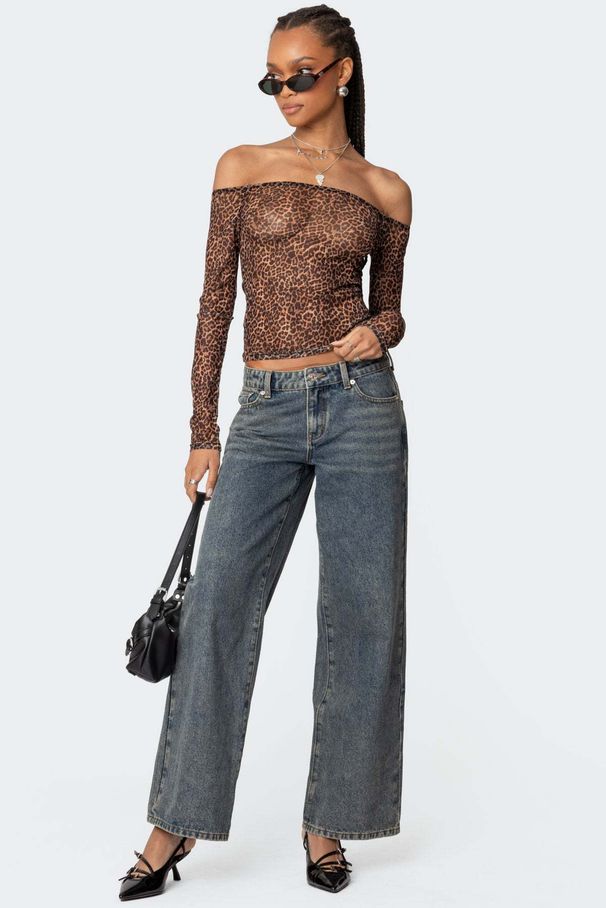 Women's Low Waist Wide Leg Jeans – Heart & Leopard Print, Vintage Blue, Casual Straight Fit (S-XL)_ecoleips.com