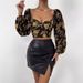 Voya Women's Retro Light Mature Style Printed T-shirt With Spring And Summer Square Collar And Bubble Sleeves, Short Floral Top_ecoleips.com