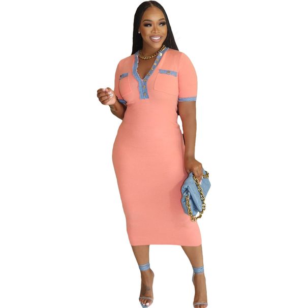 Women's Clothing Washed Denim Splicing Pockets Solid Color Women's Fashion Dress_ecoleips.com