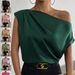 Women's Clothing Solid Color Satin Artificial Silk Irregular Shoulder Off-shoulder Pullover Sleeveless Shirt_ecoleips.com