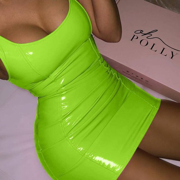 European And American Style PU Solid Color Strap Women's Tight Sexy Sleeveless Leather Hot Girl Bodycon Short Dress_ecoleips.com