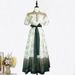 Elegant French Style Women's Dress Stand up Collar Puff Sleeves Retro Print Single Breasted Fitted Waist Tie Detail_ecoleips.com
