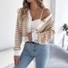 2025 Autumn Winter Color-Block Striped Lantern Long Sleeve Cardigan Sweater Short Coat Women's Fashion_ecoleips.com