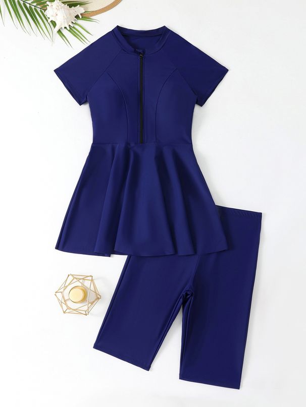 Women's Clothing Swimsuit Split Two Piece Zipper Sun Protection Short Sleeved Shorts Conservative Swimsuit_ecoleips.com