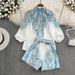 Women's Premium Selection Fashion Set Stand Collar Loose Lantern Sleeve Position Print High Waist Two Piece Shirt_ecoleips.com