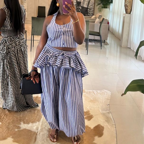 Women's Summer Stripe Sleeveless Shirt With Wide-Leg Trousers Set - Notch Collar Two Piece Outfit_ecoleips.com