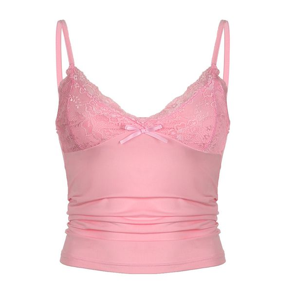 European And American Style Lace V-neck Bow Solid Color Camisole Sexy Low-cut Tank Slim-fit Short Top_ecoleips.com