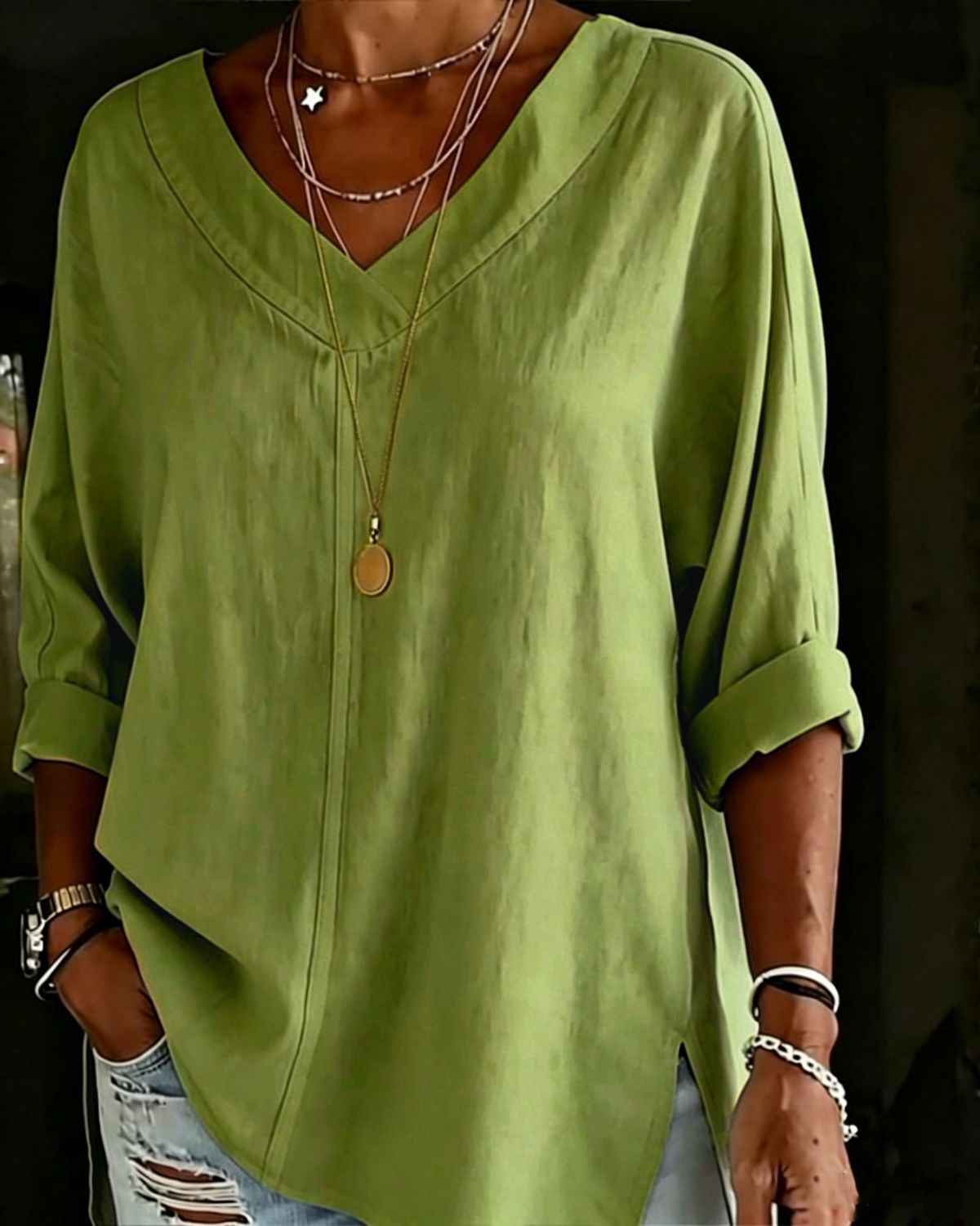 Women's Street Fashion V Neck Long Sleeve Cotton Linen Shirt Solid Color Loose Top European American_ecoleips.com