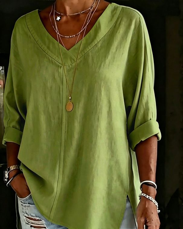 Women's Street Fashion V Neck Long Sleeve Cotton Linen Shirt Solid Color Loose Top European American_ecoleips.com