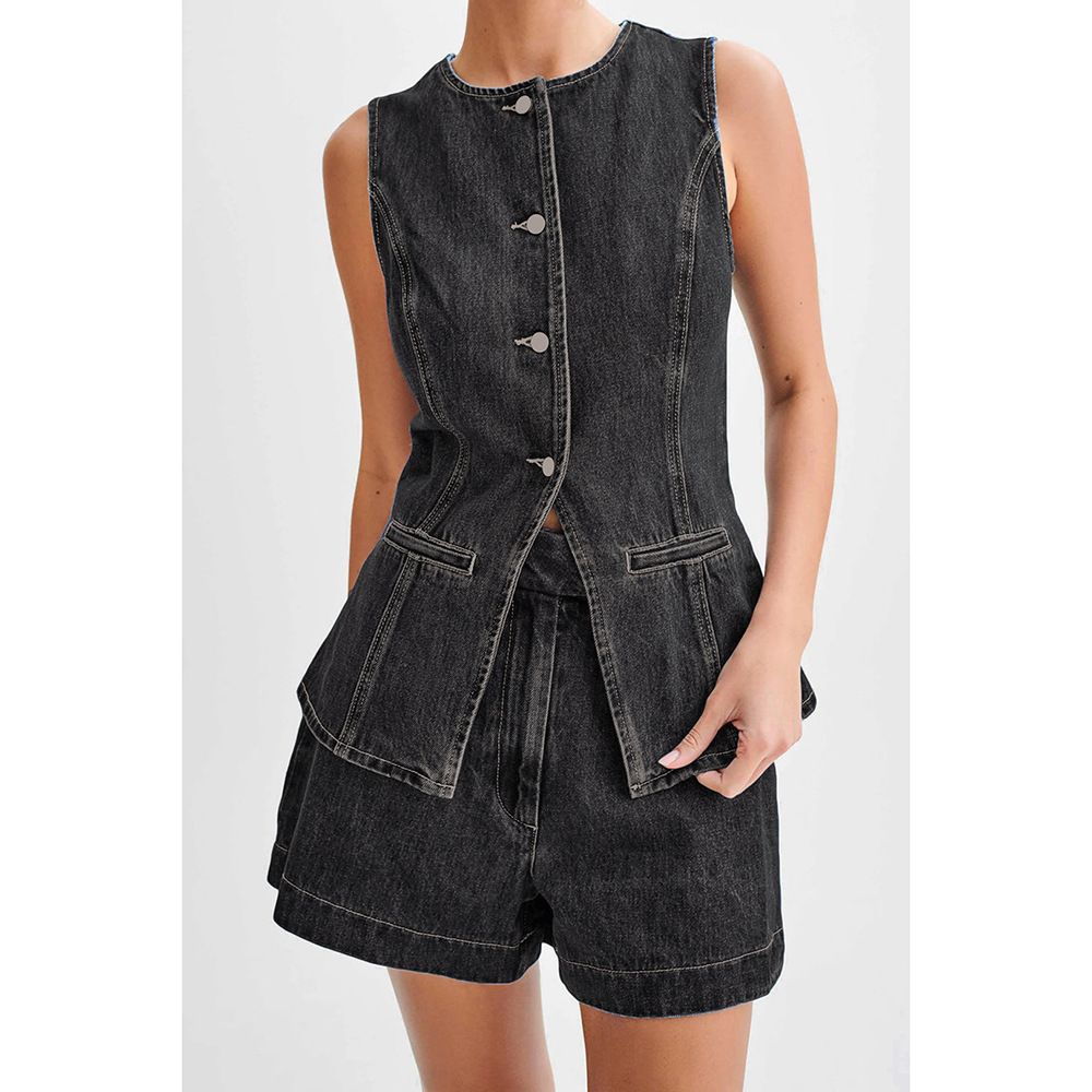 Women's Denim Sleeveless Top And Shorts Set Trendy Summer Outfit_ecoleips.com