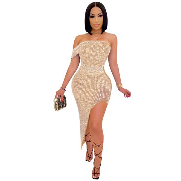 X5046 Evening With Rhinestones, Mesh Tube Top, Irregular Women's Dress_ecoleips.com