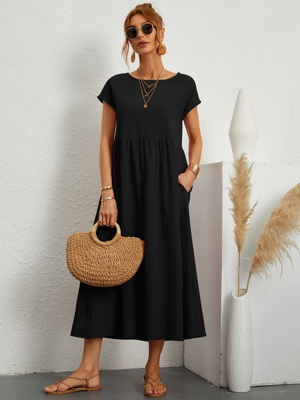 New European And American Solid Color Sleeveless Loose Cotton-Linen Pocketed Women's Dress, In-Stock For_ecoleips.com