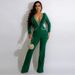 Women's clothing sexy deep V feather collar fashionable wide leg jumpsuit for women 22 autumn and winter hot diamond style_ecoleips.com