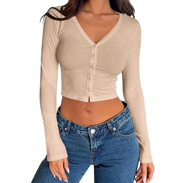 Women's Clothing New Y2K Slim Fashion Threaded Pit Long Sleeved Button T Shirt_ecoleips.com