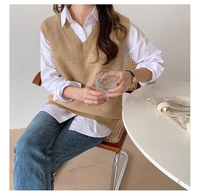 Oversized Knit Vest For Women – Vintage V-Neck Cardigan Layering Piece (White/Camel/Black/Gray, One Size Fits Most)_ecoleips.com