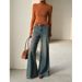 Women's Clothing Retro Washed Blue Denim Jeans Slim Fit Flared Pants Wide Leg Floor Length Autumn Fashionable Style_ecoleips.com