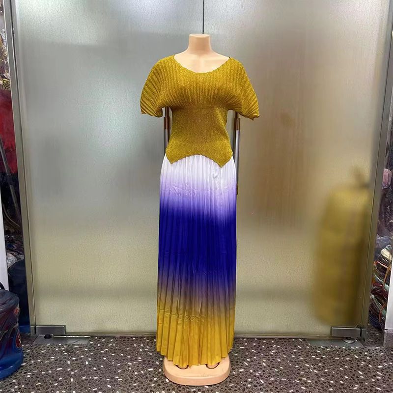 Elegant Fashion Two Piece Set For Women Spring Summer Puff Sleeves Mid-Calf A-Line Skirt Plus Size Pleated Clothing Suit_ecoleips.com