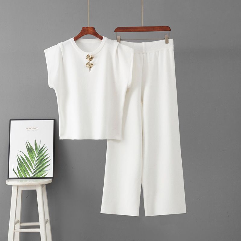 Women's Knitted Two Piece Set round Neck Sleeveless Top with Copper Buttons Spring Summer Loose Fitting Elegant Casual Sporty Wide Leg Pants_ecoleips.com