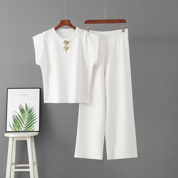 Women's Knitted Two Piece Set round Neck Sleeveless Top with Copper Buttons Spring Summer Loose Fitting Elegant Casual Sporty Wide Leg Pants_ecoleips.com